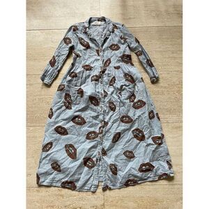 Piupiuchick Kids Gray Cotton Dress with Brown Lip Print‎ Pattern Long Sleeve 8y